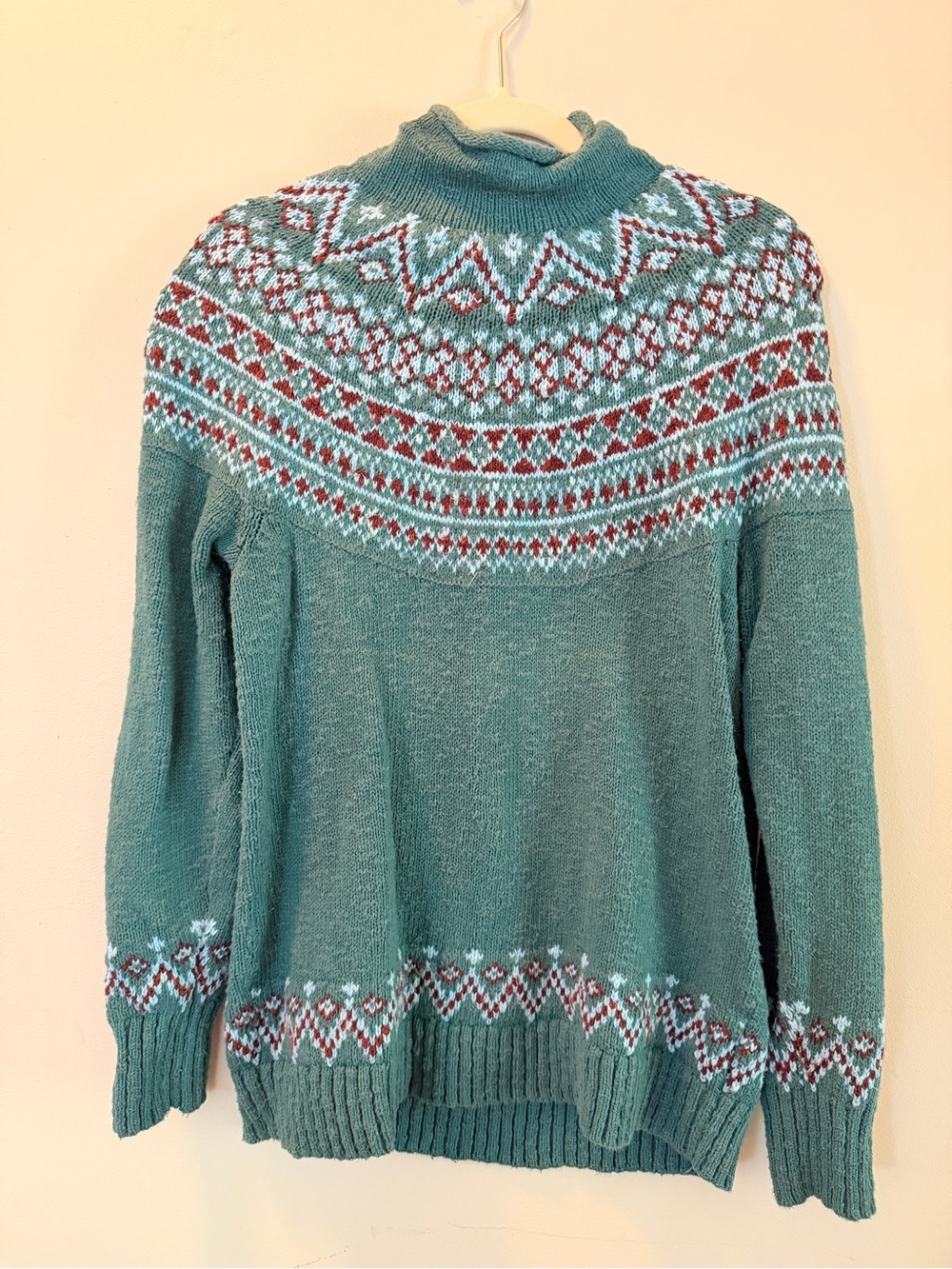 L.L. Bean Teal Fair Isle Turtleneck Sweater with Red and White Accents
